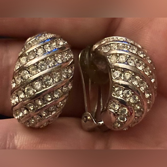 CHRISTIAN DIOR Vintage Silver Crystal Huggie Hoop Clip-On Earrings - Picture 4 of 9